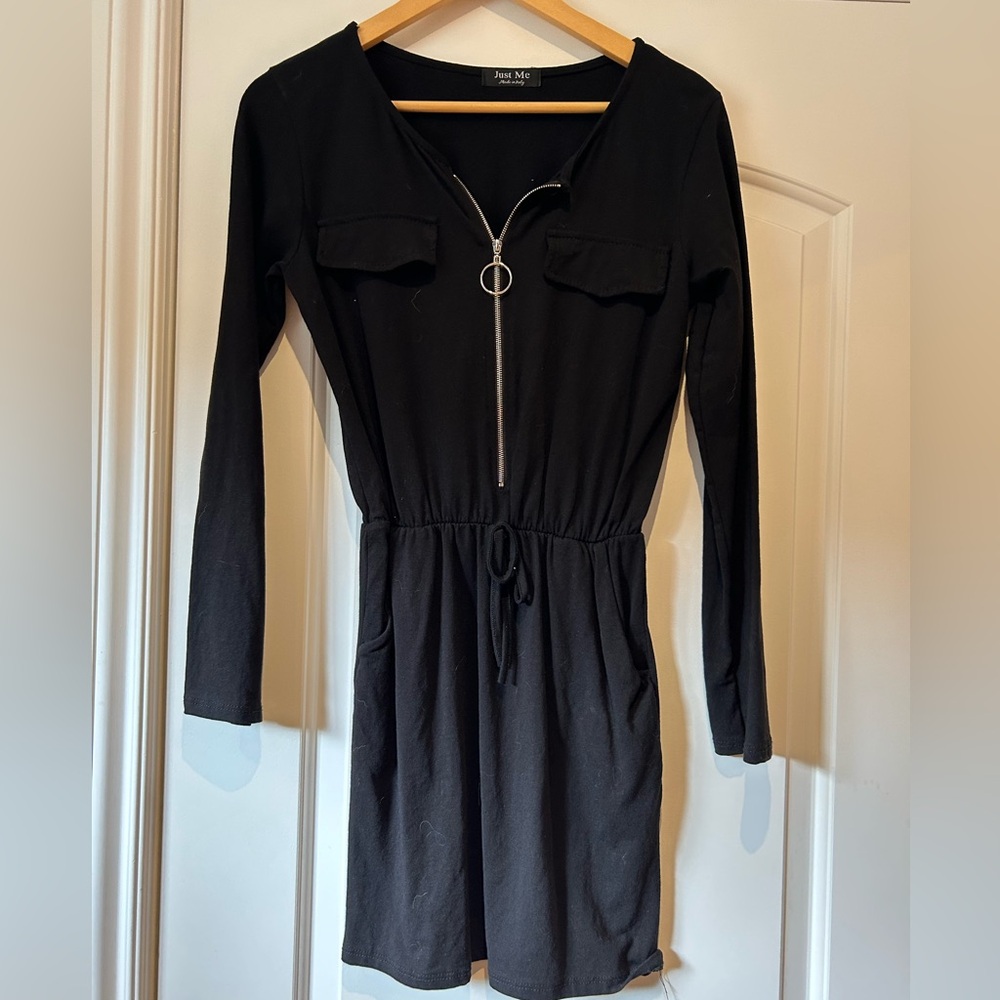 Just Me Black Sheath Dress with Zipper Neckline